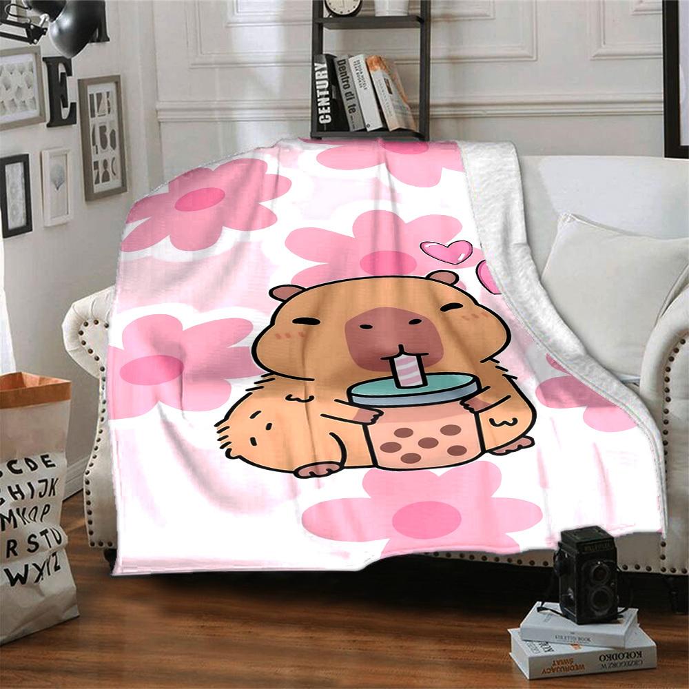 1pc Capybaras, Bubble Tea Blanket Lightweight Flannel Throw for Sofa Bed Travel Camping Livingroom1101L