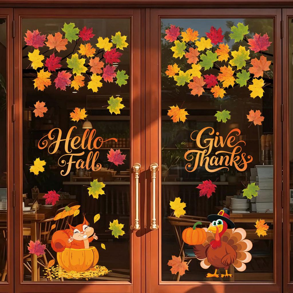 Thanksgiving Window Clings Fall Squirrel Turkey Pumpkin Stickers for Storefront Glass Decorations