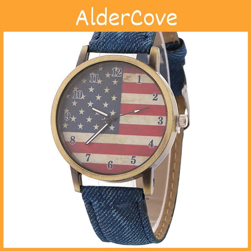 Vintage British Style Quartz Watch With Denim Band And American Flag For Unisex Casual Wear
