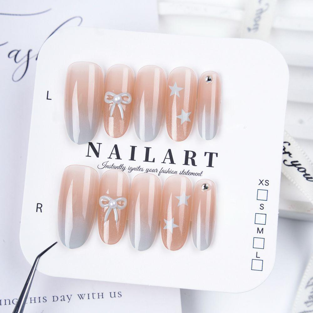 

26 New Spring/Summer Ice Translucent Nude Gradient Sea Salt Star Nails with 3D Bow 10 XS (with 4-piece tool kit)