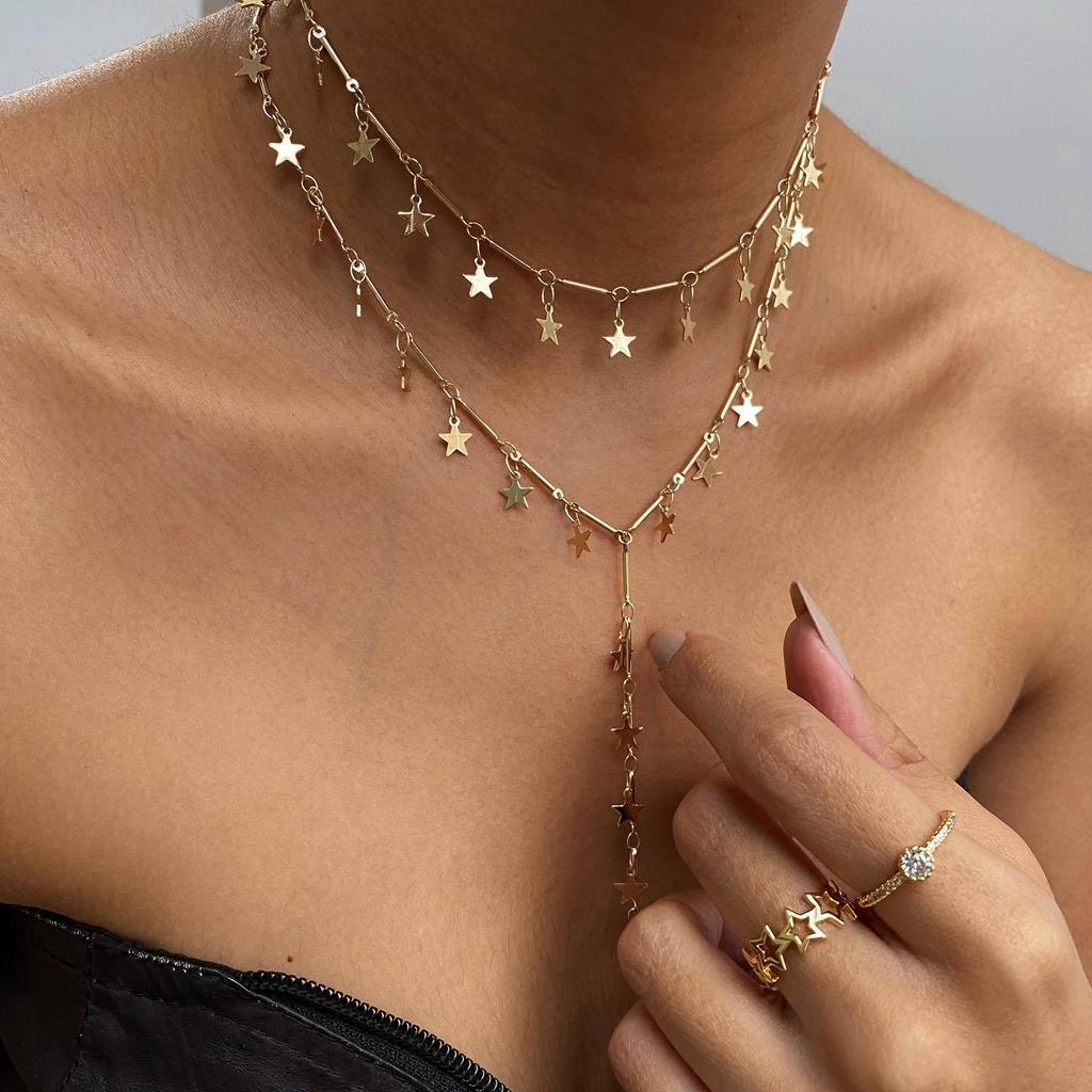 European and American jewelry retro star long fringed necklace, simple personality ins geometric metal wind collarbone chain