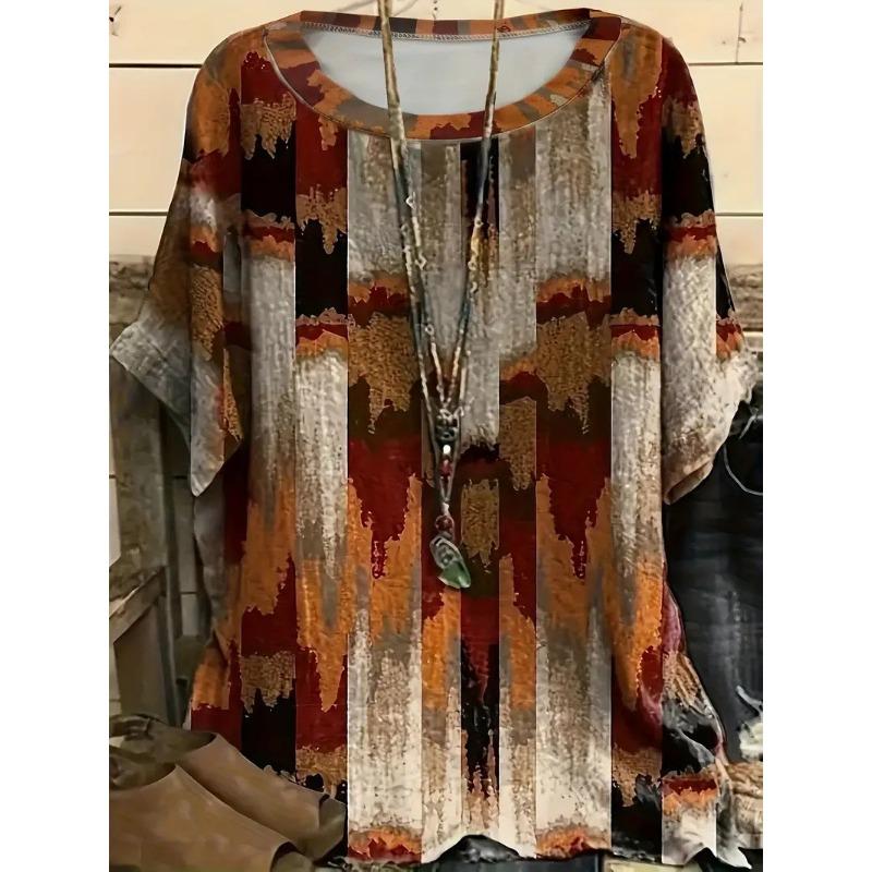 Vibrant Short Sleeve Top Spring & Summer Comfortable Casual Womens Curvy Fashion Clothing Plus Size Geometric Chic T-Shirt