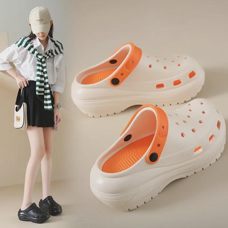 Dames Zomer Antislip Dikke Zool Halve Pantoffels: Baotou Hole Strandsandalen voor Hoogteverhoging