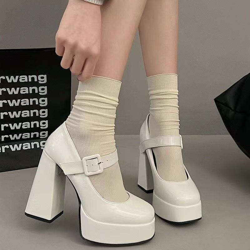 Mary Jane Shoes Thick Heel Waterproof Platform Thick Sole Heightening Japanese Spice Girl Patent Leather Black Temperament High Heel Small Leather