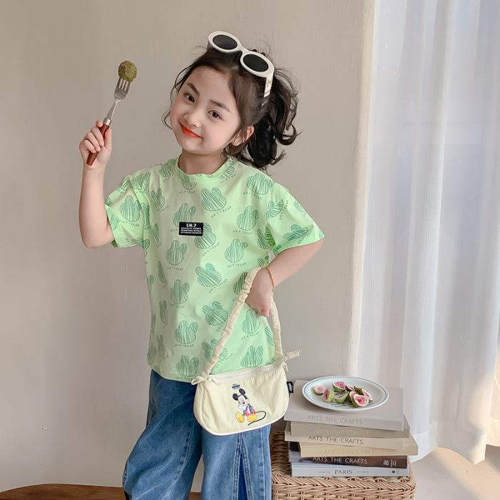 Girls Summer Korean All Over Print Round Neck Short Sleeve T Shirt Trendy Top For Kids Medium Large