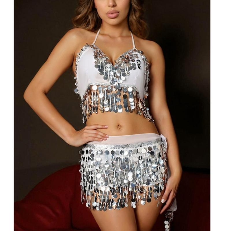 Shimmering Dance Performances Outfit With Detachable Sequins Fringe Accessories For Belly Dancers