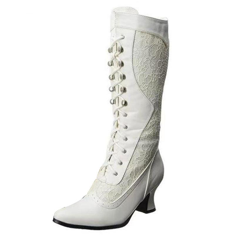 Retro Dame Støvler Høst Vinter Sexy Sko Dame Snørestøvletter Spiss Tå Lave Hæler Midt-legg Støvler for Kvinner Tilpasset 34-43