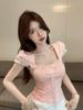 New Summer Bow Lace Edge Pink Sweet Spice Girl Short Bubble Sleeve Short Sleeve T-Shirt Top Women