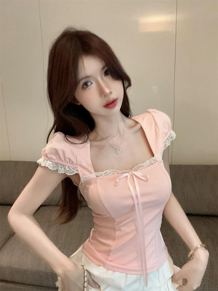 New Summer Bow Lace Edge Pink Sweet Spice Girl Short Bubble Sleeve Short Sleeve T-Shirt Top Women