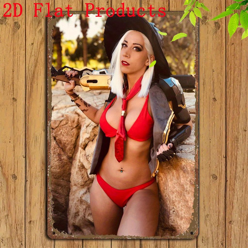 AMBERVILLE Sexy Hot Woman Gun Metal Tin Sign Pinup Wall Art Decor Inch Iron Poster for Man Cave Bar Cafe or Home Deco