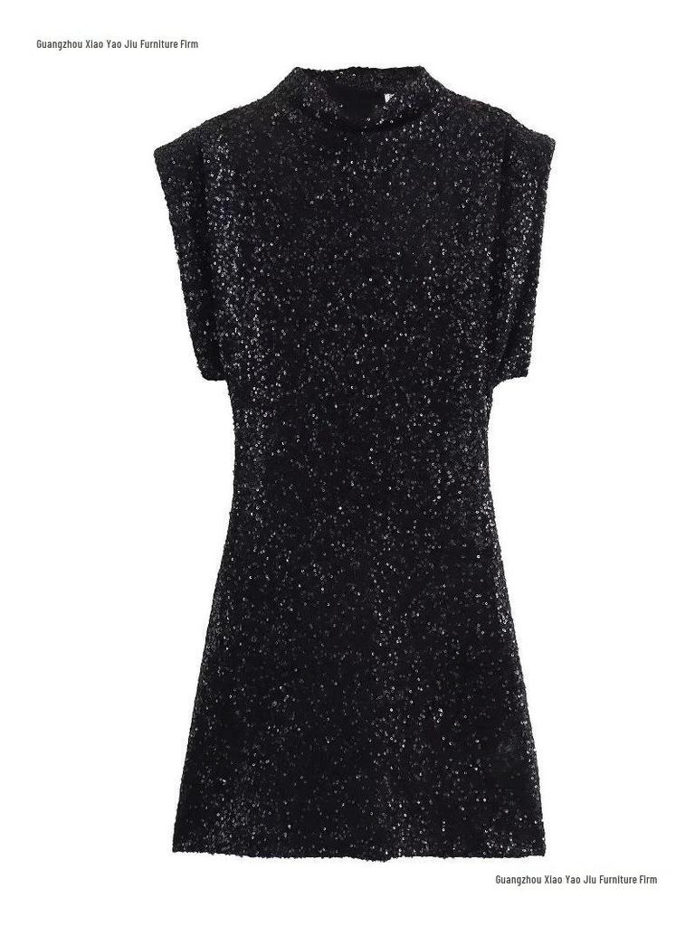 European Style 2026 Women's Sequined Evening Gown - Elegant, Padded Shoulders, Slim Fit, Sexy Beaded Design.