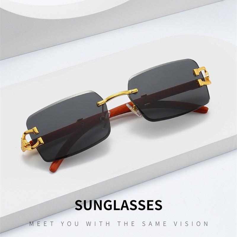 Fashion Vintage Rimless Square Sunglasses Men Women Luxury Brand Frameless Wood Grain Sun Glasses Outdoor Travel UV400 Shades