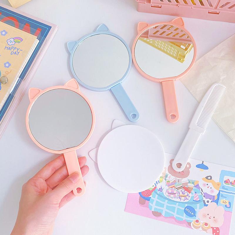 Cartoon Cat Makeup Mirror On Handle Mini Vanity Mirrors Hair Comb Integrated High Definition Portable Women Girl Cosmetic Tools