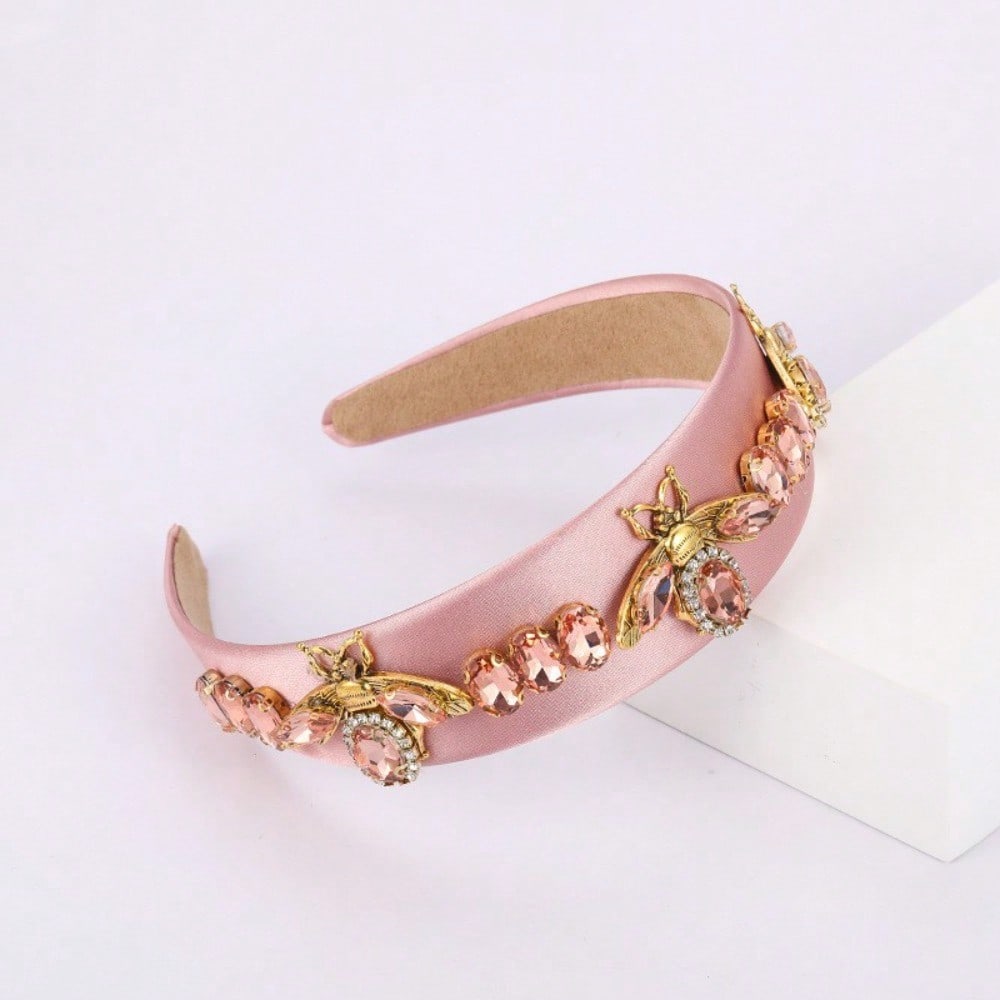 Color Crystal Bee Headband Fabric Wide Edge Headband Retro Rhinestone Hair Accessories