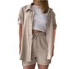 Women's Casual And Fashionable Solid Color Lapel Short Sleeved Shirt Top, High Waisted Drawstring Shorts Set
