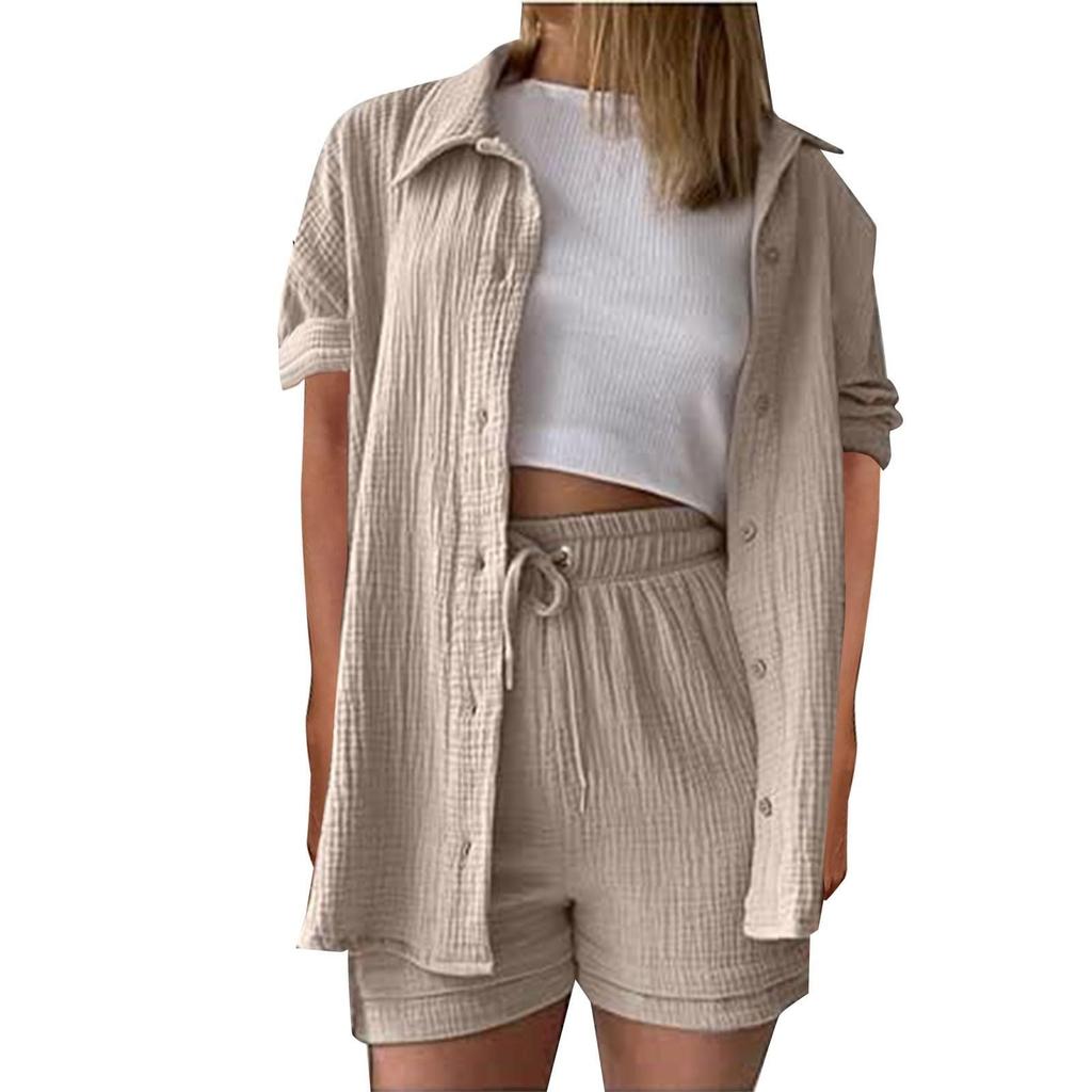 Women's Casual And Fashionable Solid Color Lapel Short Sleeved Shirt Top, High Waisted Drawstring Shorts Set