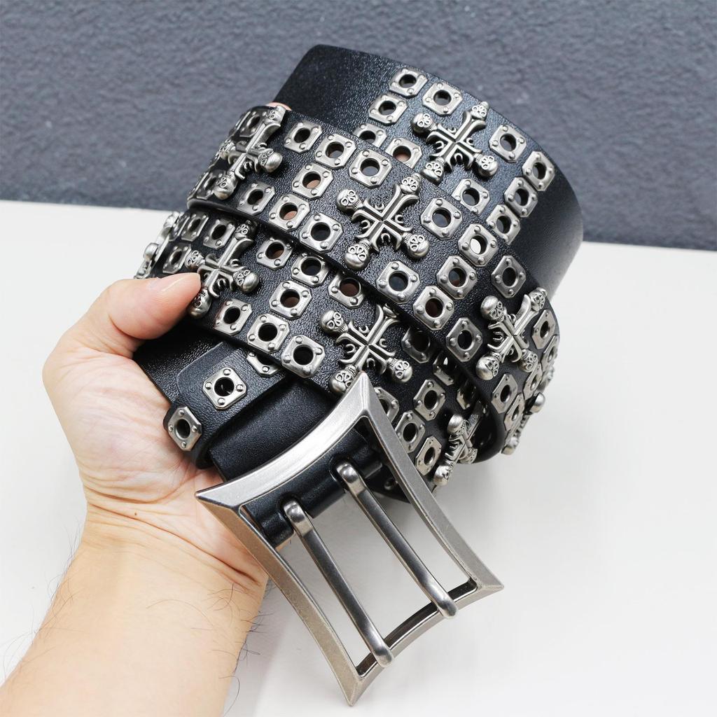 Heavy-Duty Cowhide Leather Belt with Double-Needle Rivets and Hollow Eyelets
