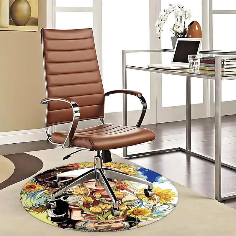 

1pc Anime Cartoon Design Sunflower & Tulip Round Carpet Office Chair Mat, NonSlip Rug for Home Decor, Living Room, Bedroom 80cm