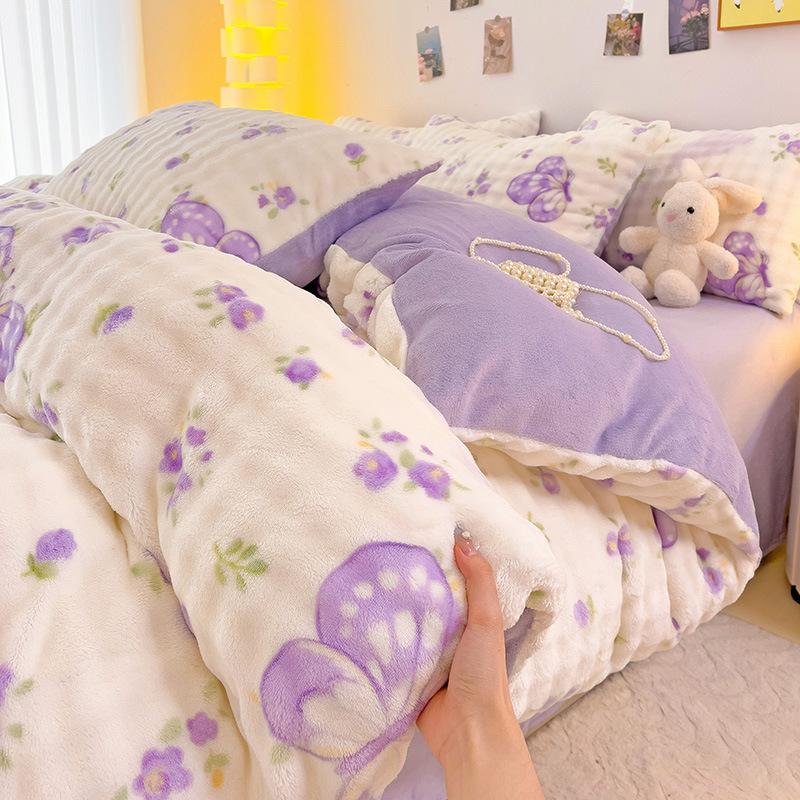 Thickened Milk Fleece Four-Piece Set, Milk Fleece Coral Fleece Bed Sheet Quilt Cover Double-Sided Flannel Bed Three-Piece Set