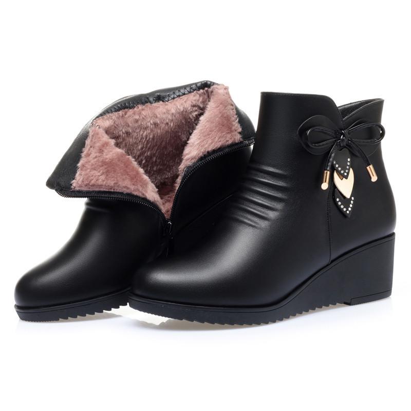 Autumn Winter Women’s Non-Slip Wedge Heel Ankle Boots - Warm Velvet Lined for Mature & Elderly