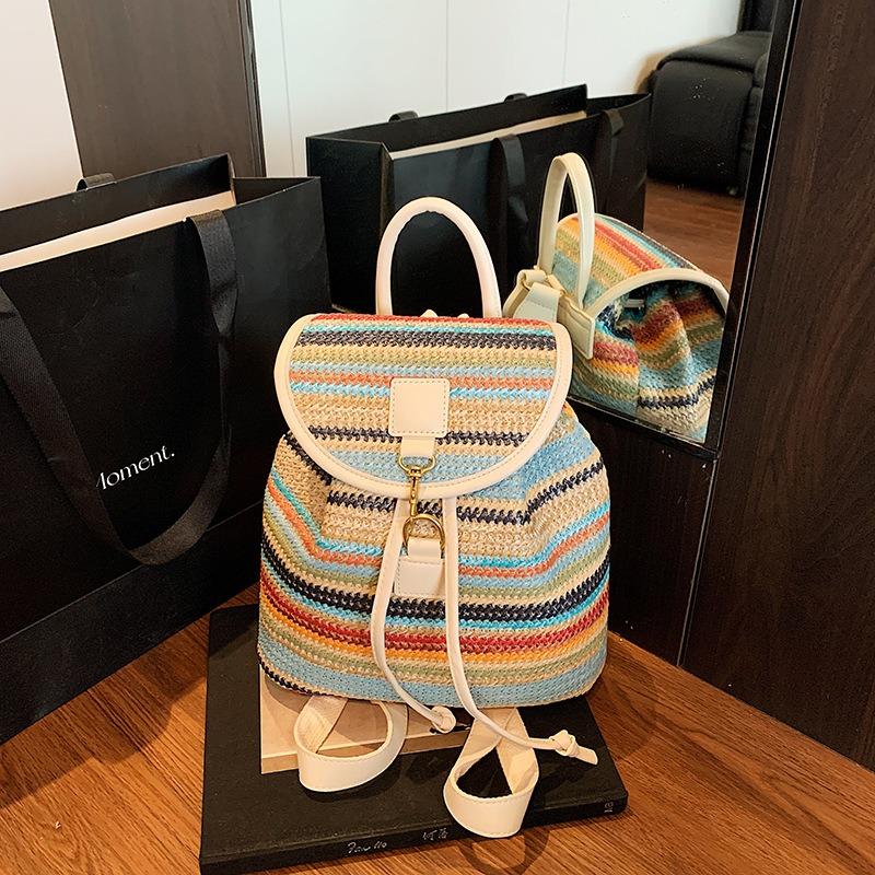 Summer Striped Woven Backpack Women's New Fashion Student Schoolbag Versatile Vacation Wind Backpack