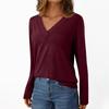 Women's Casual Fashion Brushed Solid Color Long-sleeved V-neck Top T-shirt