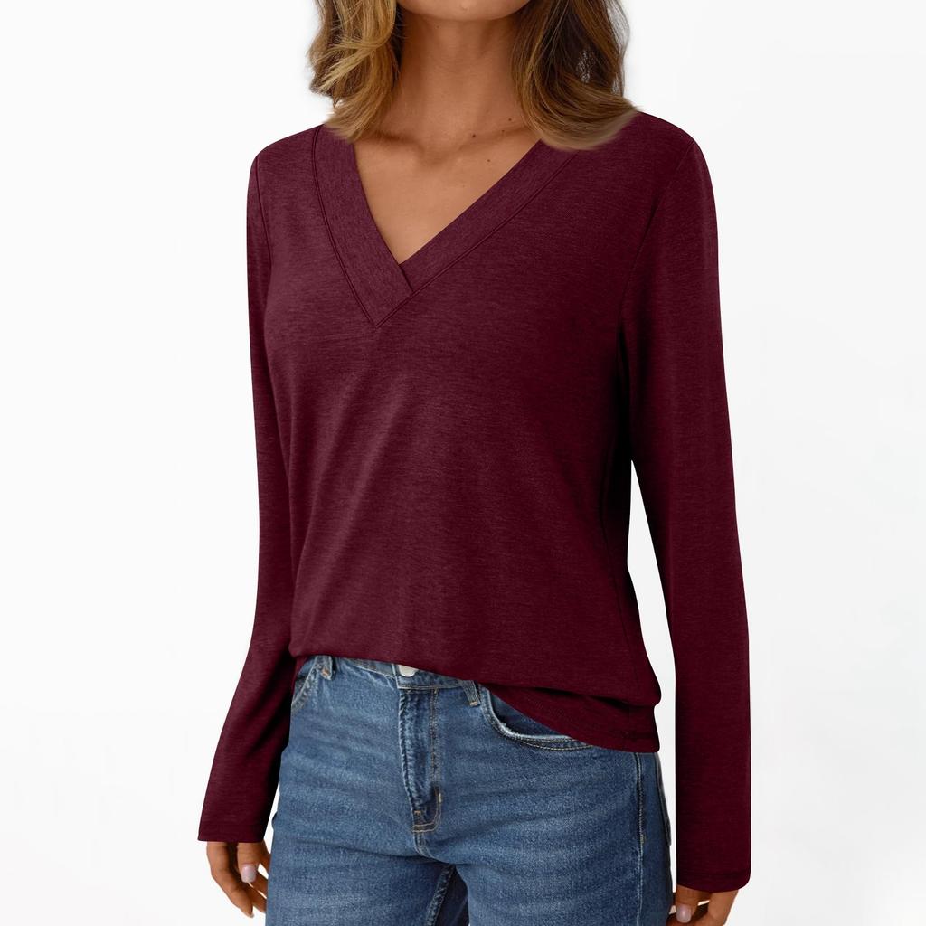 Women's Casual Fashion Brushed Solid Color Long-sleeved V-neck Top T-shirt