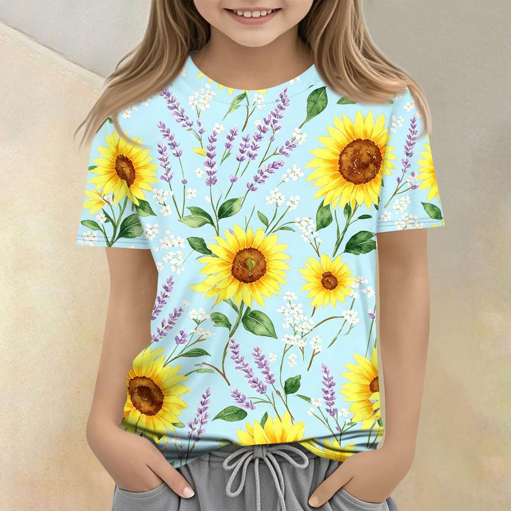 Girls Floral Print Crew Neck Short Sleeve Casual Loose Fit T Shirt Comfortable Lightweight Breathable Fabric Summer Wear