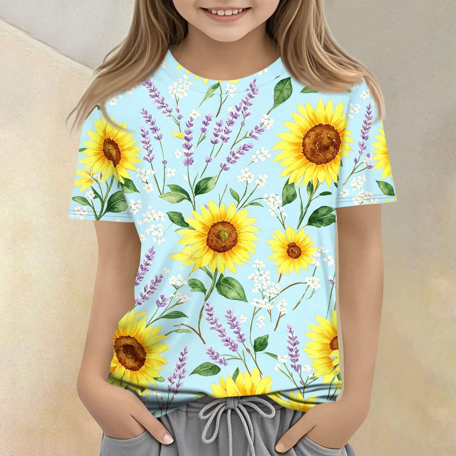 Girls Floral Print Crew Neck Short Sleeve Casual Loose Fit T Shirt Comfortable Lightweight Breathable Fabric Summer Wear 100 синий