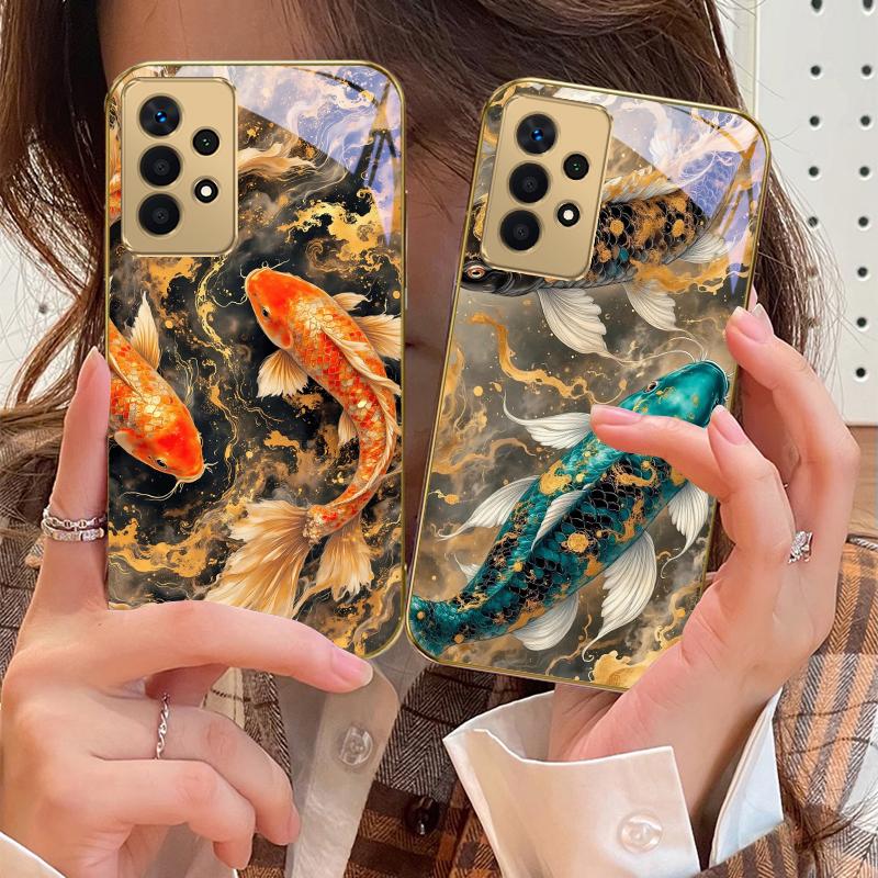 Lucky Orange Golden Koi For Samsung A73 A72 A71 A42 A56 A55 A54 A53 A52s A52 A51 A36 A35 A34 A33 A32 A16 Golden Glass Phone Case
