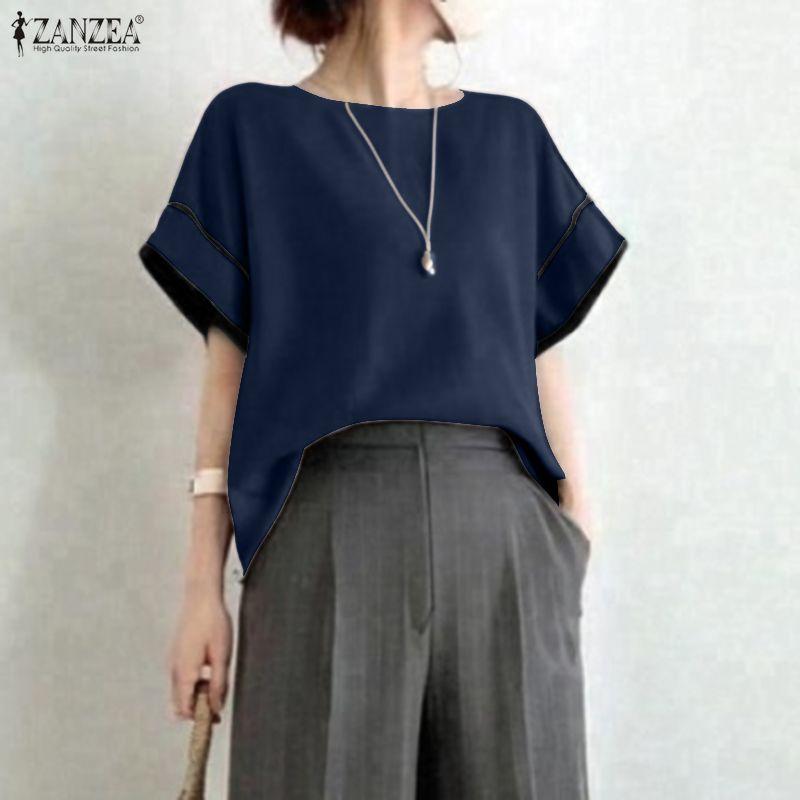 ZANZEA Women Casual Round Neck Loose Summer Short Sleeve Blouse