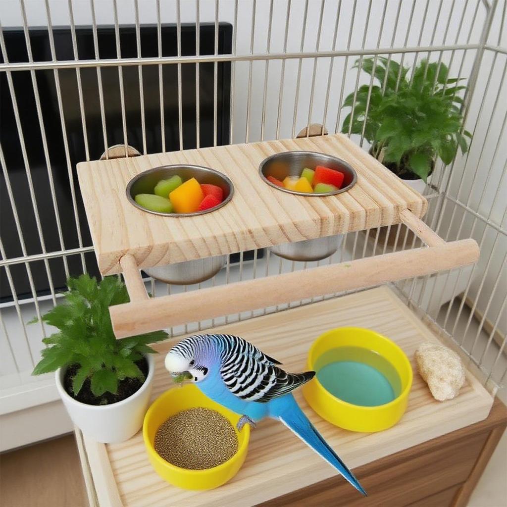 Bird Perches For Cage Bird Stand Water Feeder Conure Toys Wooden Pet Supplies With Stainless Steel Bowls For Parakeet Conure
