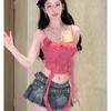 Women's Irregular Mesh Spliced Camisole with Flowing Ribbons, Cool Slim Fit, Sleeveless Solid Color Top