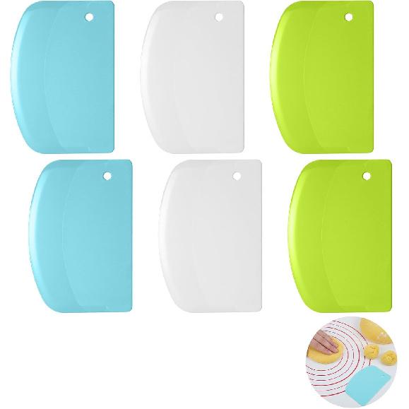 6Pcs Food Dough Scraper Bench Scraper, Plastic Multi Purpose Kitchen Pastry Cutting Tool Flexible Bowl Scrapers with Curved Edge, Cake Baking Bench