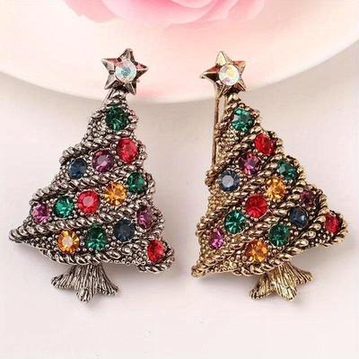 Christmas Tree Shape Sparkling Brooch Unisex Vintage Green Rhinestone Plants Party Casual Brooch Pin Gift Accessories for Women