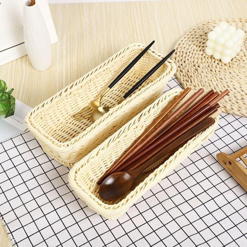 Rectangular Imitation Rattan Storage Basket Simple Plastic Picnic Basket Chopsticks Spoons Forks