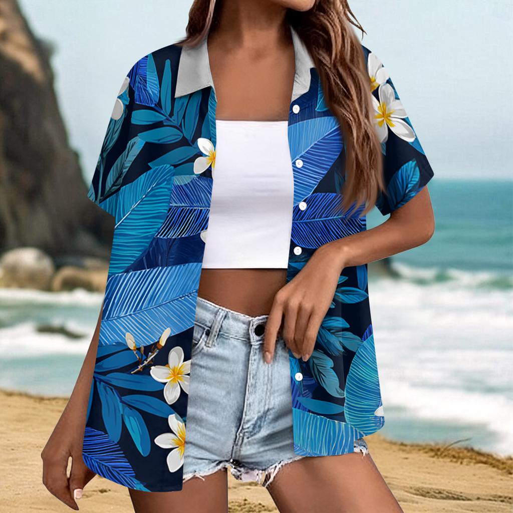 Women's fashionable casual Hawaiian print short-sleeved button-down collar shirt top
