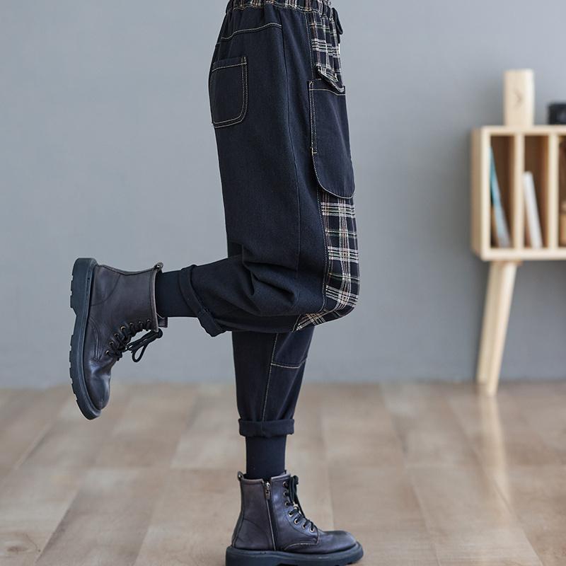 Plaid Patchwork Artistic Jeans for Women In Winter, Loose Fit Plus Size, Fashionable and Versatile Harem Pants