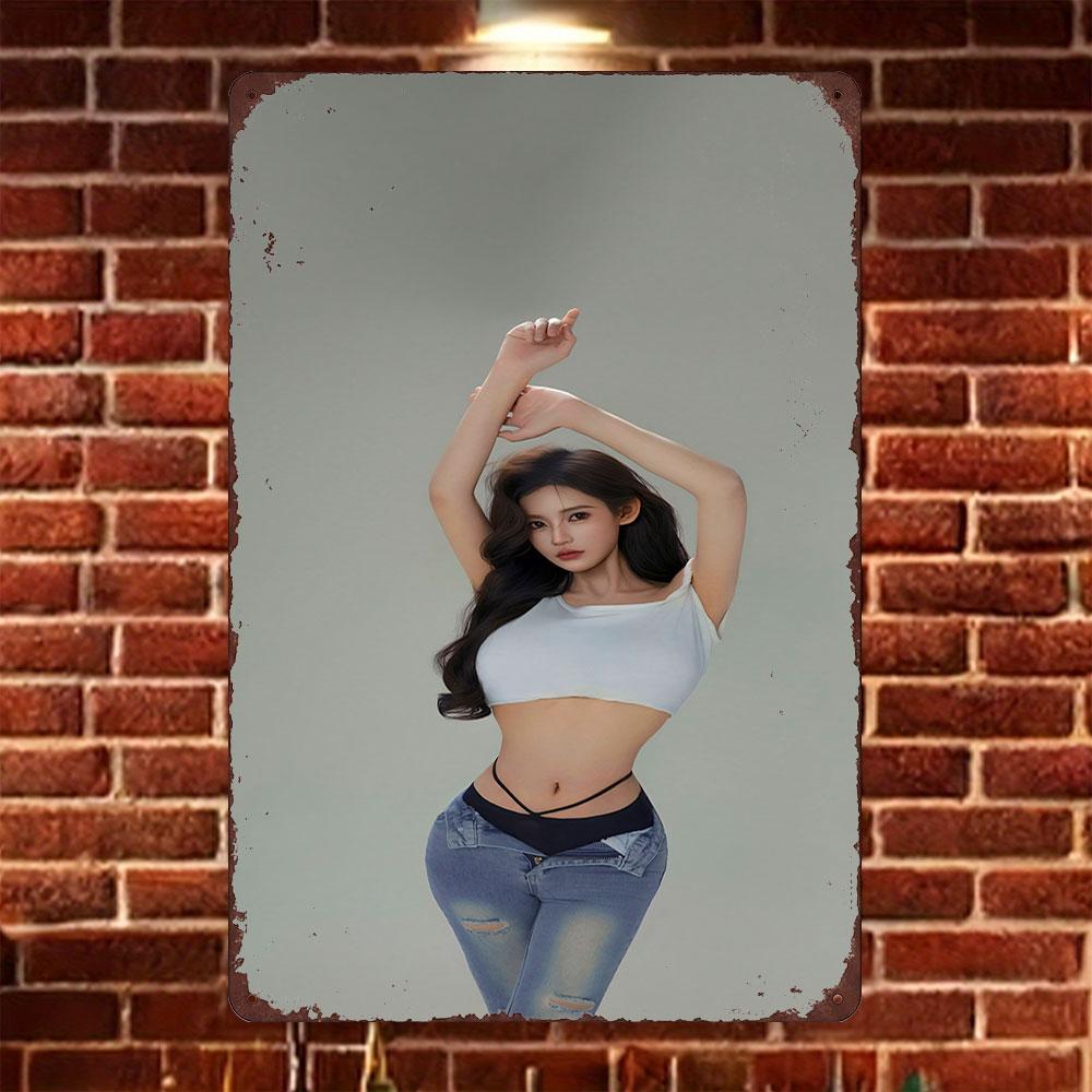

HD Tin Sign Vintage Asian Girl in White Crop Top Ripped Blue Jeans Metal Wall Art Retro Decor for Home Bar Cafe 20x30cm（7.8x11.8inch）