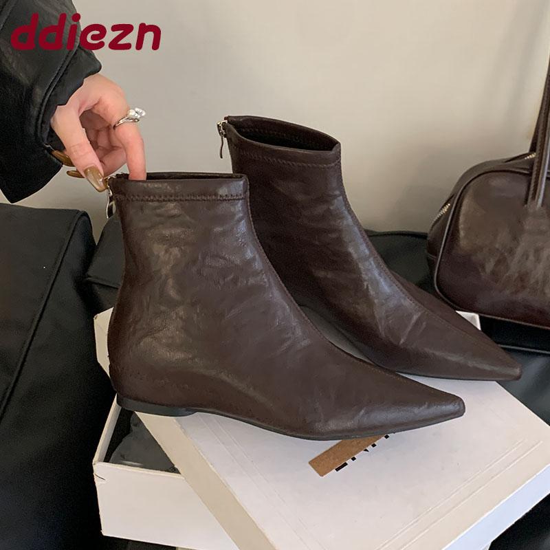 Female Zippers Women Ankle Stretch Boots With Height Increasing Shoes Pointed Toe Modern Ladies Short Boots Shoes