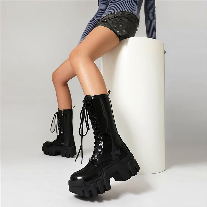 Meotina Women Ankle Boots Round Toe Chunky High Heels Lace-up Zipper Platform Short Boots Ladies Fashion Shoes Winter Yellow 44