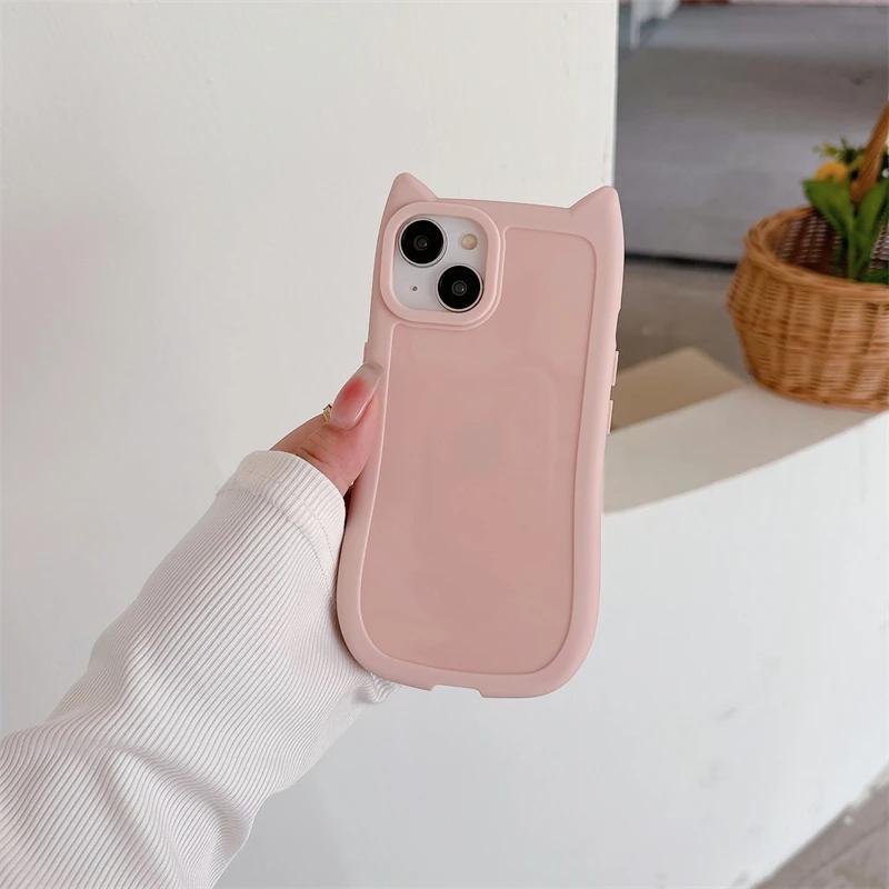 Voor iPhone 17 17Air 16 Pro Max Schattig 3D Kitten Kattenoren Effen Kleur Telefoonhoesje Voor iPhone 15 14 13 11 12 Schokbestendig Zacht Hoesje