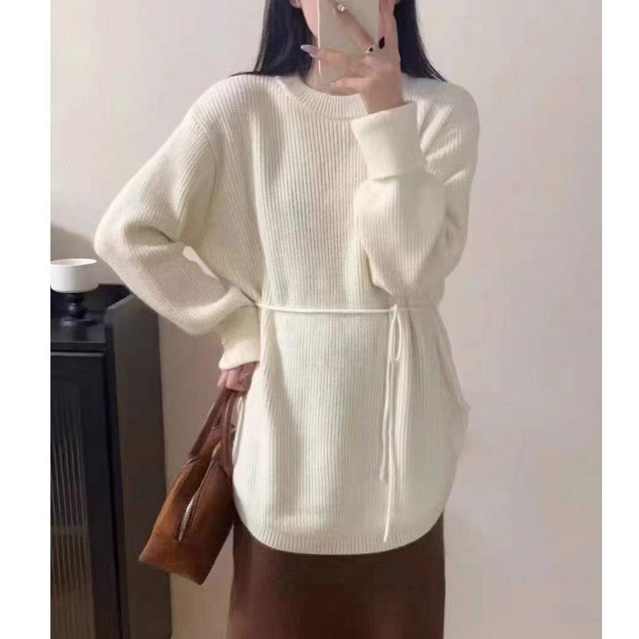 Women Lazy Style Belted Sweater Spring Autumn Fashion Loose Waist Slimming Knitwear Long Top