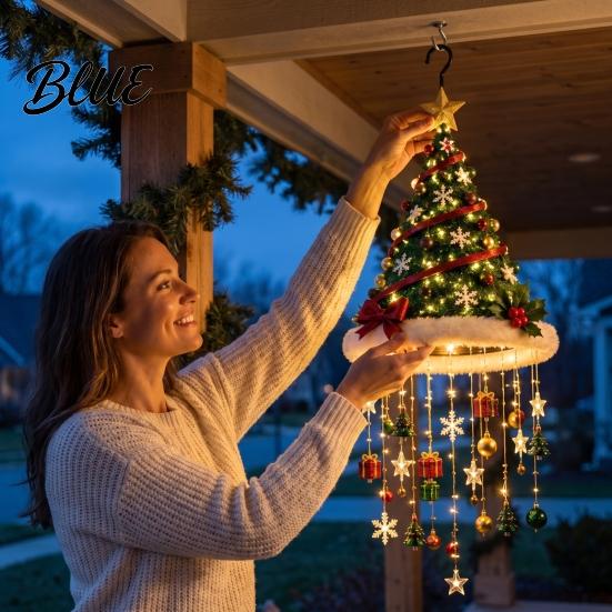 Winter Seasonal Landscaping Lighted Christmas Ceiling Hanging Decor, Pre-Lit Tree Bell Pendant with Decorations Warm LED, Porch Doorway Holiday