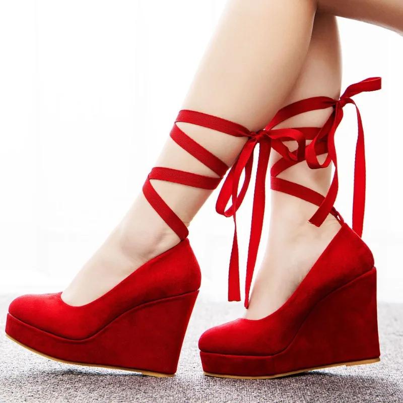 

Women Pumps Luxury Narrow Band Flock 11CM Wedges High Heels Round Toe Ankle Strap Classics Woman Autumn Party Wedding Girls Shoe 42 червоний