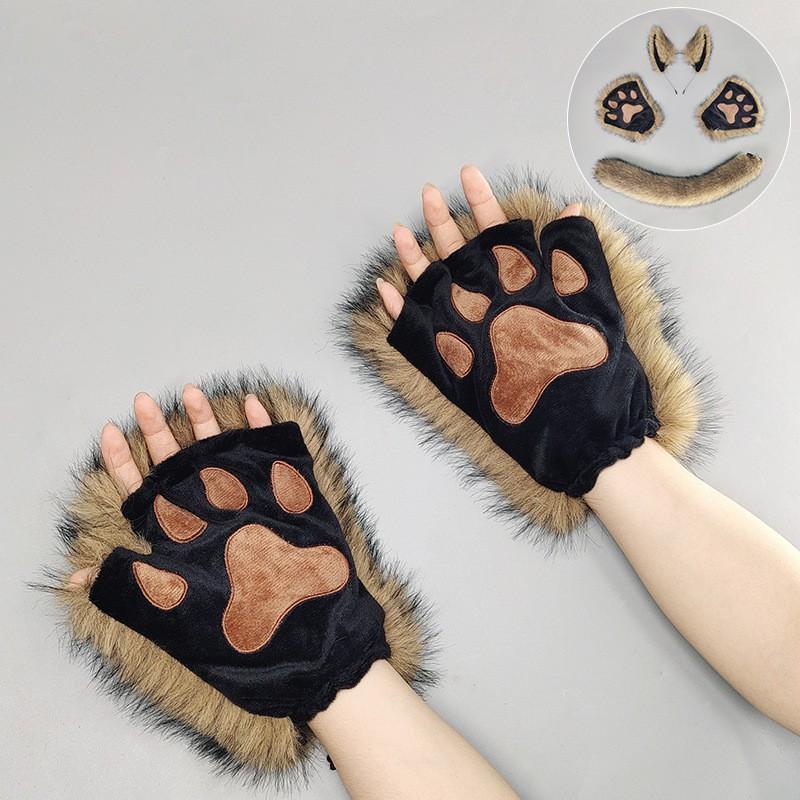 Halloween Wolf Costume Set: Plush Ear Headband Paw Gloves Tail Cosplay Party Dress-Up