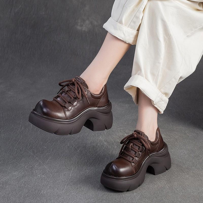 Johnature Genuine Leather Thick Soled High Heel Pumps Versatile Retro Round Toe Lace-up Women's Platform Shoes