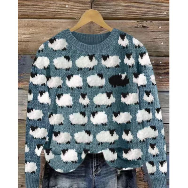 Womens Round Neck Colorblock Loose Knit Sweater Street Style Casual Pullover With Geometric