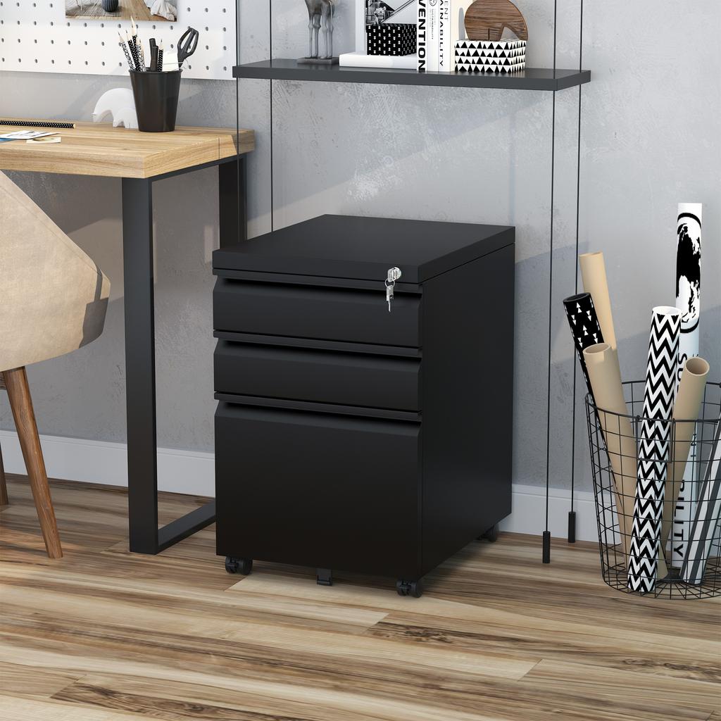 3 Drawer Filling Cabinet, Mobile Metal File Cabinet with Anti-tilt Design for Letter, A4, Legal Size, Black