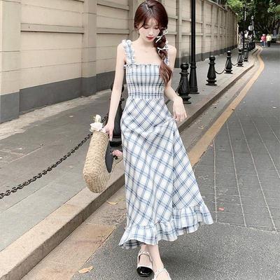 Spring and Autumn New Commuter Square Neck High Waist Skinny Long Dress Summer Sleeveless Plaid Suspender Skirt